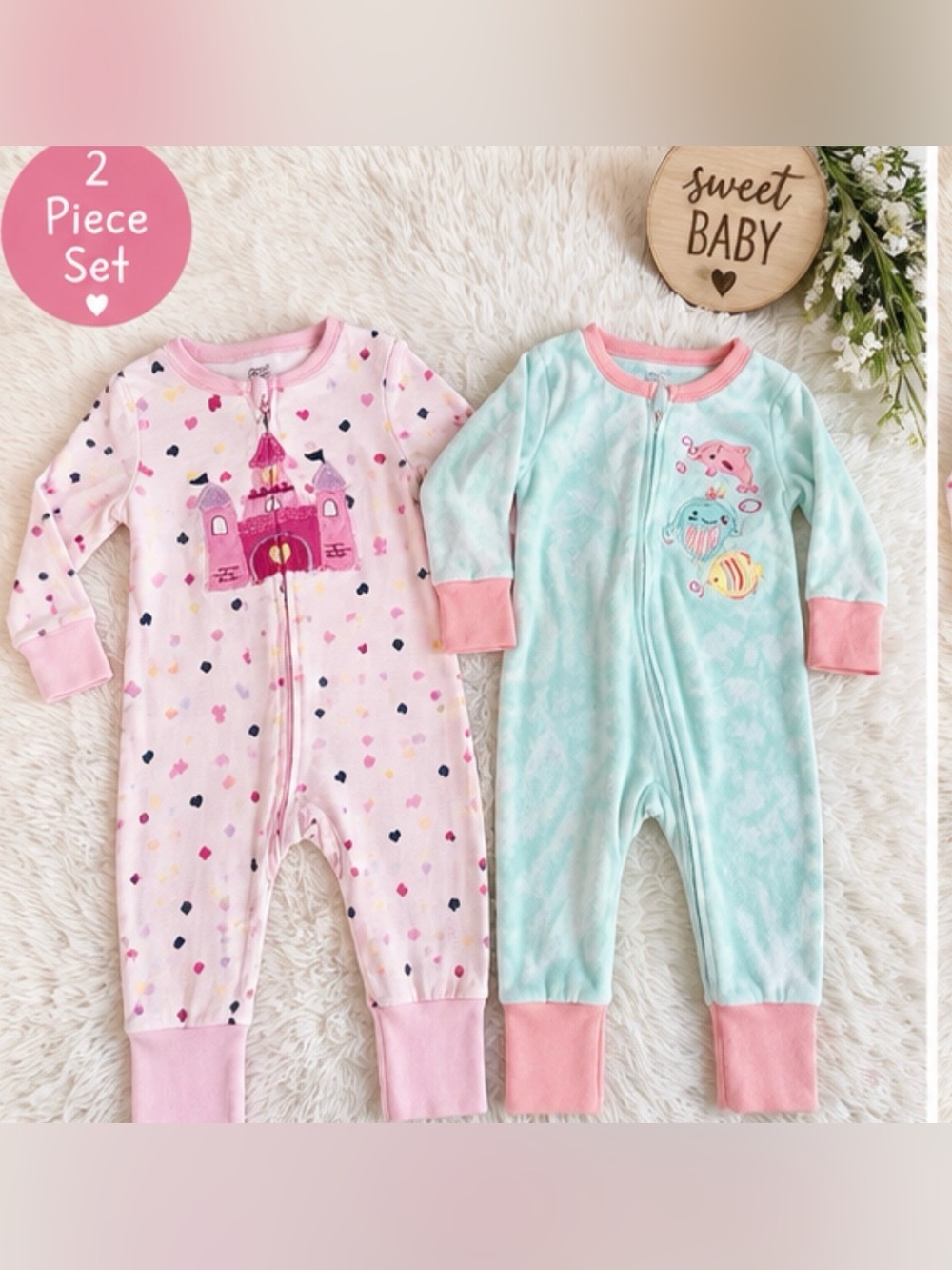 💕 Kids Headquarters Baby Girl 2-Piece Sleeper Set – Size M / 6–9M 💕